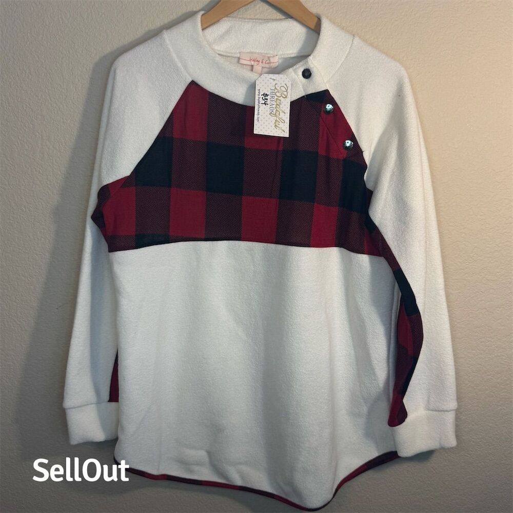 Hailey & Co Cream Fleece Plaid Pullover Top Snap Neck Long Sleeve